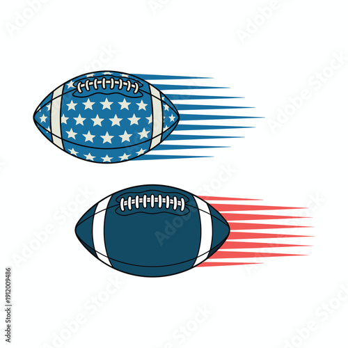 American football balls with red blue and white colors speeding rugby ball motion vector illustration isolated on white background.
