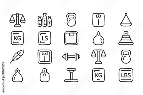 fitness weight and body measurement outline icon set