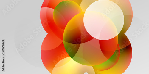 Abstract colorful circles overlap, creating vibrant gradients. Soft glow enhances visual depth, simple background present.