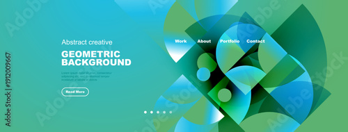 Abstract geometric background with vibrant teal, green hues. Navigation links present. Modern design for website header or banner.