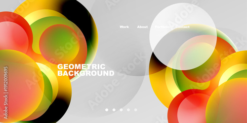 Abstract colorful shapes overlap, creating dynamic composition. Text elements present website navigation options. Background is dark gray.
