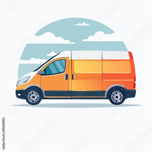 Orange delivery van with white clouds in the background.