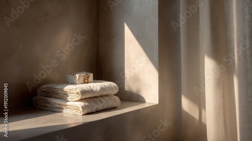 Serene bathroom setting with stack of soft towels and soap in warm sunlight