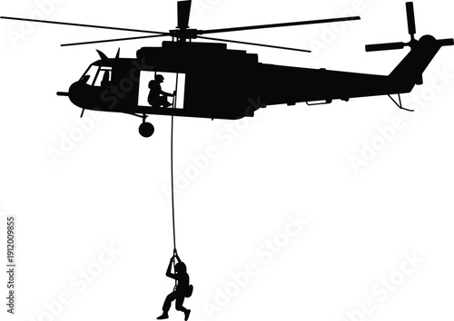 Black silhouette of helicopter with person rappelling down rope white background