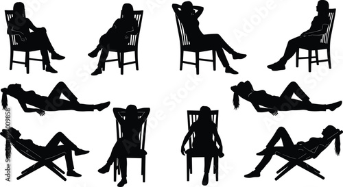 Silhouettes of people relaxing in chairs and lounge seats, diverse human postures in leisure, ergonomic sitting and reclining poses for lifestyle, design, and artistic reference