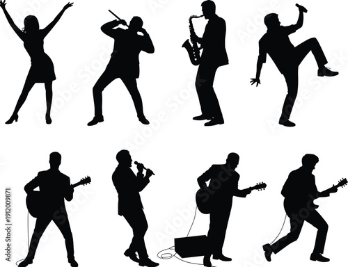 Silhouettes of musicians, singers, dancers and band performers in dynamic stage poses isolated on white background for concert entertainment design collection set