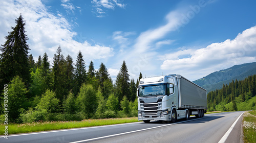 Wallpaper Mural Euro semi truck driving on highway near trees on sunny day, commercial transportation visualization, European freight hauling, roadway logistics activity, with copy space Torontodigital.ca
