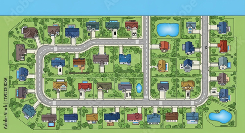Suburban Neighborhood with Houses and Roads.