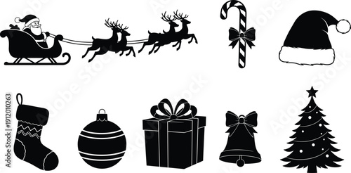 Christmas Holiday Silhouette Collection Featuring Santa Sleigh Reindeer Christmas Tree Gift Box Ornament Bell Stocking Candy Cane and Santa Hat for Festive Winter Season Graphic Design