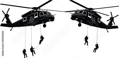 Black silhouette of two helicopters with soldiers rappelling down ropes white background