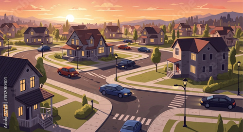 Suburban Neighborhood with Houses and Cars.