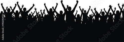 Crowd of Happy People Silhouettes Celebrating and Jumping with Raised Hands for Concert Music Festival Party Success Event and Diverse Community Group Graphic Design