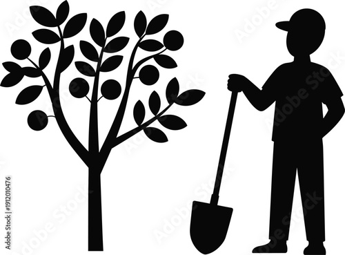 Black silhouette of man holding shovel next to fruit tree