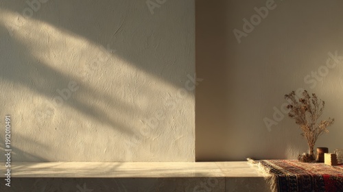 Serene minimalist interior with sunlit walls and dried flowers for home decor inspiration