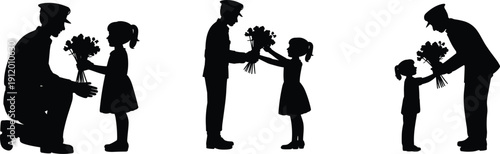 Black silhouettes of man and little girl exchanging flowers
