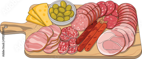 Charcuterie board with assorted cured meats, sausages, ham, salami, cheese and olives, gourmet appetizer platter cartoon illustration isolated