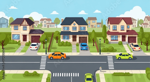Suburban Neighborhood with Houses and Cars.