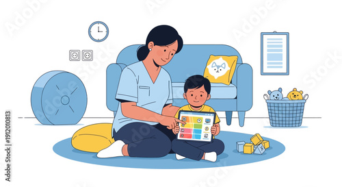 A woman and a child sitting on the floor reading a colorful book together in a cozy living room with a blue couch.