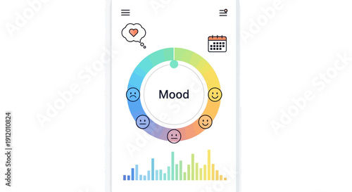 Graphic representation of a mood tracker with a colorful circular gauge and bar graph on a white background.