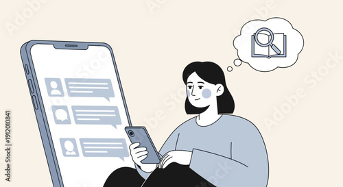 A woman sits with a smartphone and tablet, thinking about a photo, depicted in a minimalist illustration style with a light background.