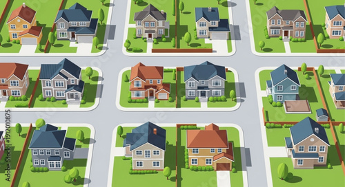 Suburban Neighborhood with Houses and Gardens.