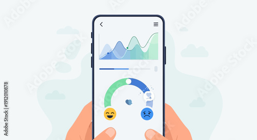 A hand holding a smartphone displaying a graph and gauge on its screen against a light blue background with clouds.
