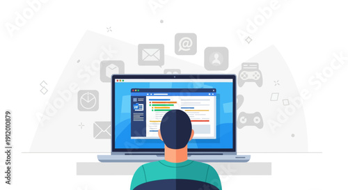 A man sits at a desk working on a computer with a blue screen and various icons floating behind it on a white background.