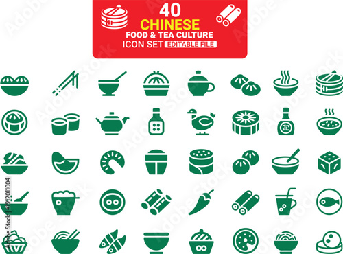 A collection of green icons representing Chinese food tea and cultural elements