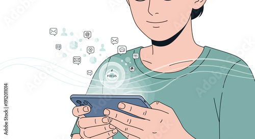 Illustration of a person holding a smartphone with social media icons floating around it on a white background.
