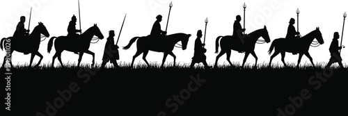 Black silhouettes of people on horseback and walking with spears and sword