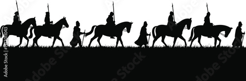 Black silhouettes of medieval people on horseback and walking with spears and swords on grass white background