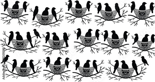 Black vector silhouette collection of small birds sitting in nests on tree branches for nature wildlife spring season and avian habitat themed graphic design