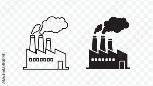 Industrial factory buildings with smokestacks and pollution emissions isolated on Transparent Background