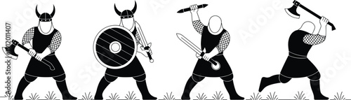 Black vector silhouette set of medieval Viking warriors with horned helmets carrying axes and swords in various battle poses for ancient Nordic mythology designs,