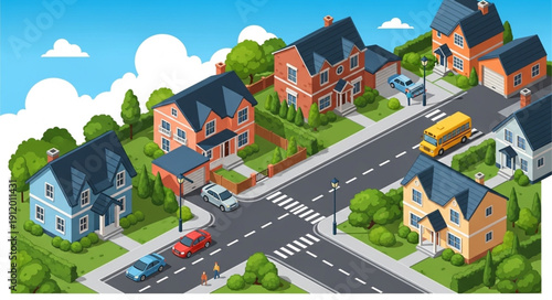 Suburban Neighborhood with Houses and Road.