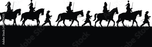 Black silhouettes of people riding and leading horses on grass