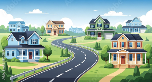 Suburban Neighborhood with Houses and Road.