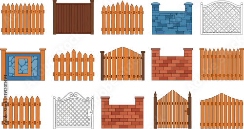 Garden Fence and Gate Illustration Set with Wooden, Metal, and Brick Barriers for Home Yard, Property Boundary, and Exterior Design