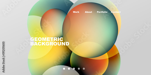 Abstract colorful shapes overlap, creating dynamic background. Text labels present work, about, portfolio, contact options. Gradient hues dominate composition.
