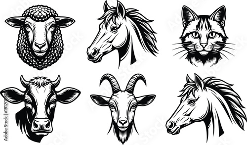 Vector icon set of animal head illustrations featuring a sheep horse cat cow and goat in detailed black and white line art style,