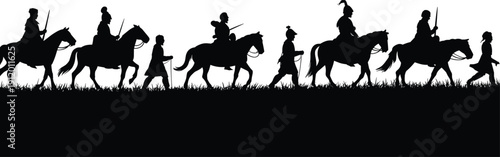 Black silhouettes of people riding horses and walking on grass