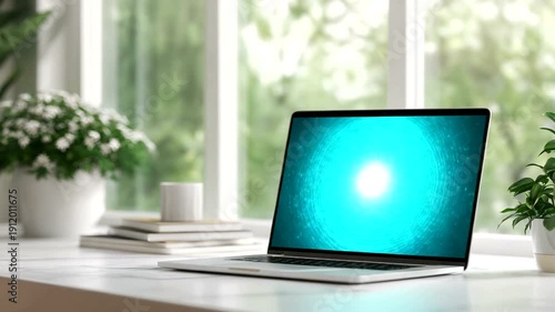 Wallpaper Mural Laptop on Desk with Plants and Books. Torontodigital.ca