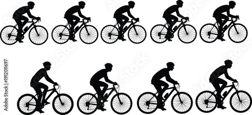 Professional Cyclist Silhouette Collection Featuring Male Riders in Action Poses on Road and Mountain Bikes for Sports Fitness Healthy Lifestyle and Outdoor Activity Graphic Design