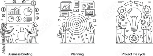 Business briefing planning and project life cycle line art illustrations set with teamwork strategy analytics target and innovation concepts