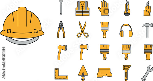 Construction Tools Icon Set with Safety Helmet Gloves Hammer Pliers Paint Brush and Equipment Vector Illustration for Industrial Work and Building Projects