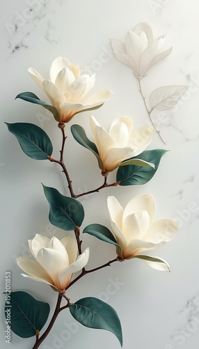 Cream magnolia flowers bloom on branch with dark green leaves. Elegant botanical illustration on marble background. Delicate floral art for design, cards, and decor.