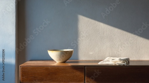 Minimalist interior scene with ceramic bowl and folded towel on wooden cabinet in sunlight