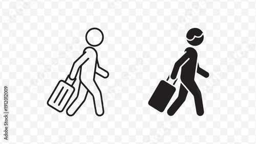 Two simple human icons walking with luggage isolated on transparent background