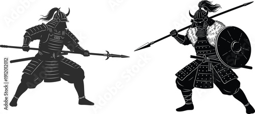 Silhouette armored samurai warriors with spears and shield in dynamic combat stance traditional Japanese battle illustration isolated on white background