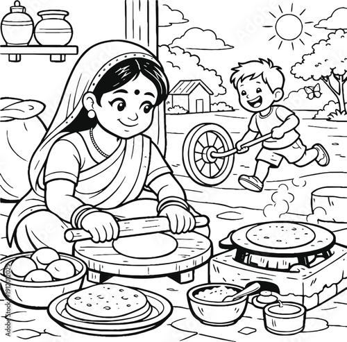 Mother Making Roti line art